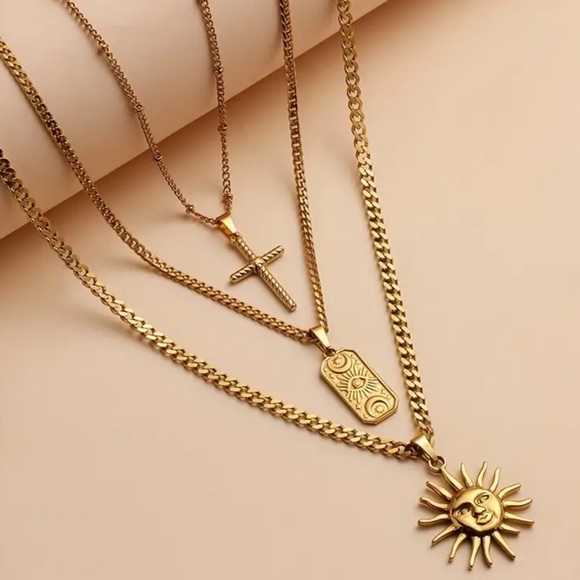 “ Golden Hour “  18k Gold Necklace Stack Set 3 piece Stacker  Sun Moon Cross - Picture 2 of 6